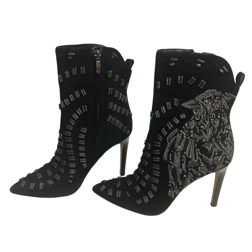 Sam Edelman Melina Suede Leather 7.5‎ Pointy Toe Stiletto Black Silver Embellish